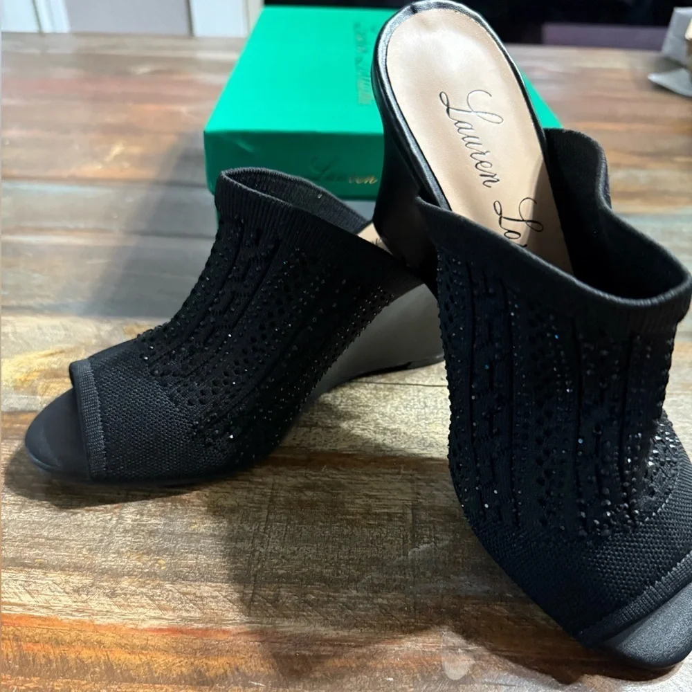 Lauren Lorraine Black‎ Embellished Wedge Sandals-New with box and dust bags